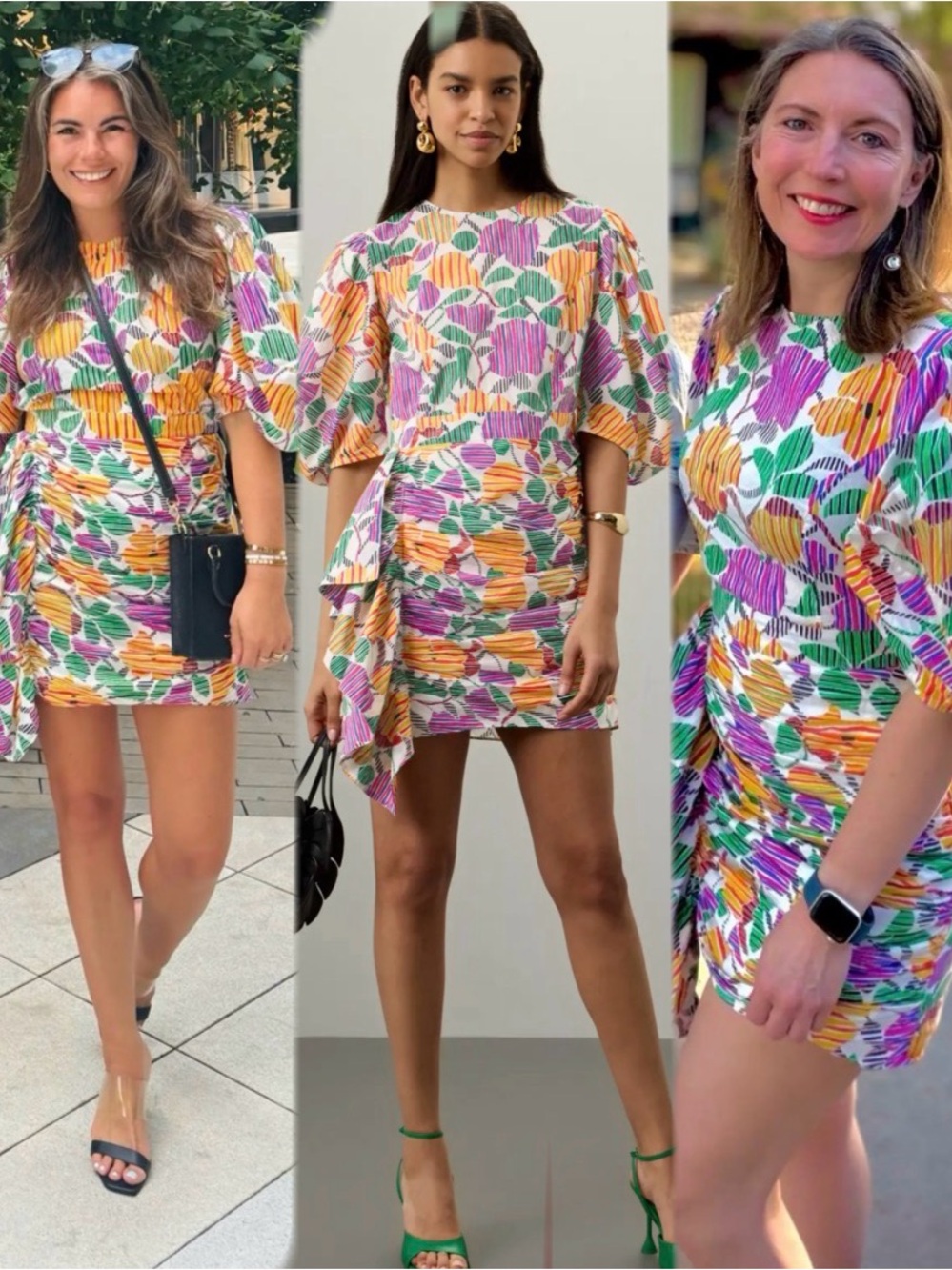 RHODE Pia Floral Dress Colorful Floral Puff-Sleeve Mini Dress - Multicolor Sz 6